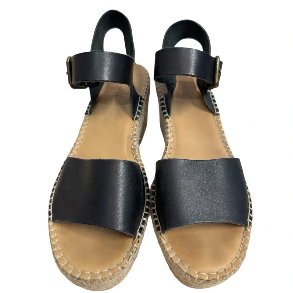 Soludos “Minorca” Wedge Espadrille Sandals Black Leather Strap Size 9.5 Summer